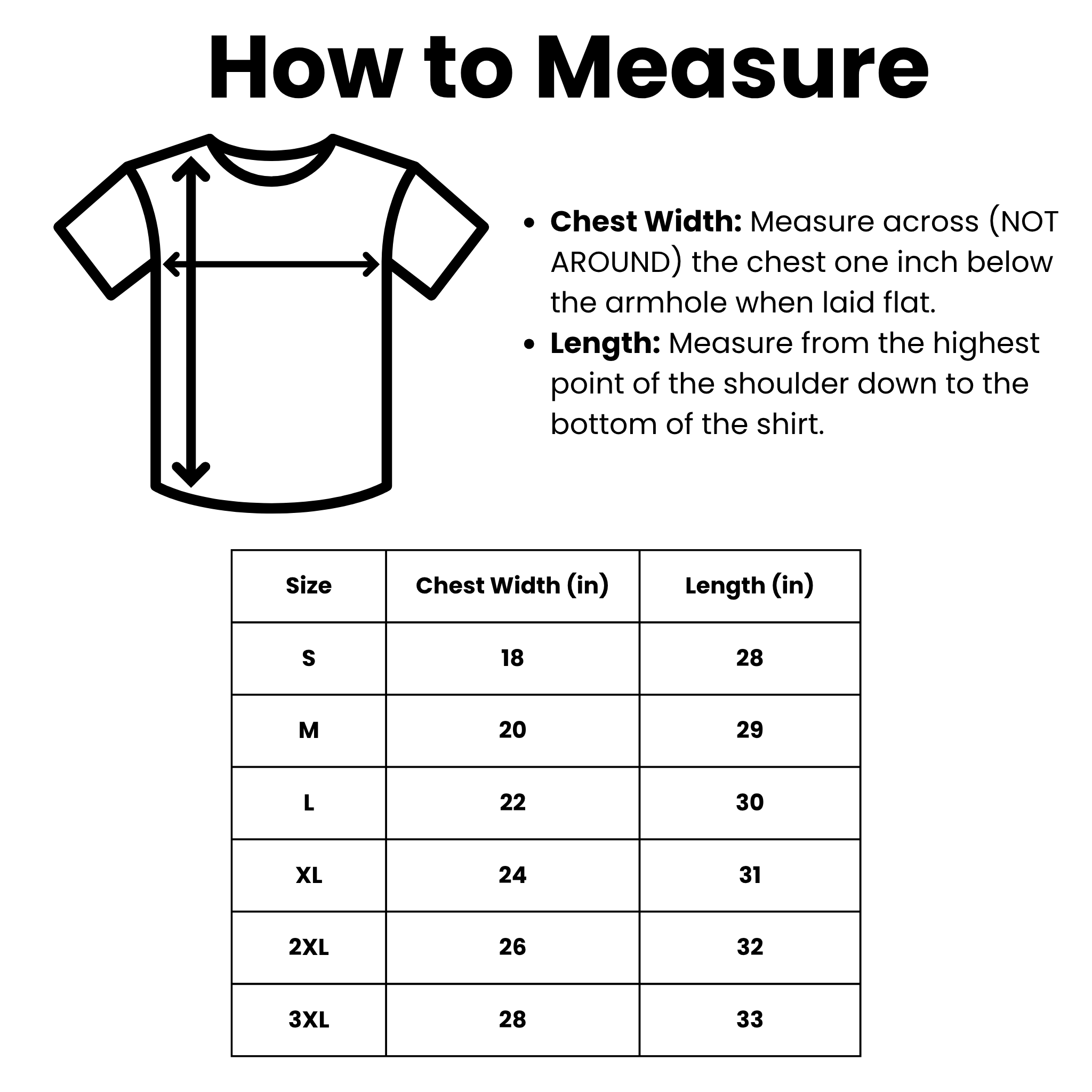 Measurement guide for shirts with a diagram and size chart.